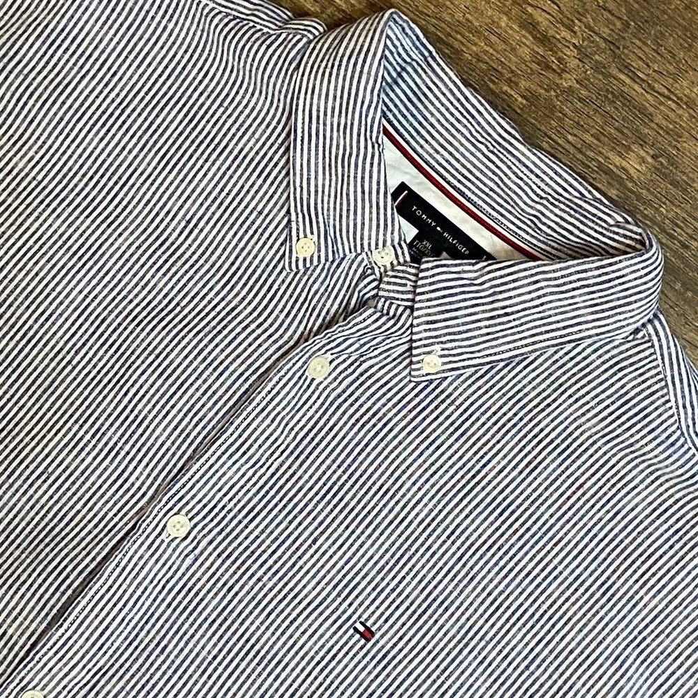 Tommy Hilfiger XXL Blue White Seersucker Stripe Button Down Coastal Dadcore EUC